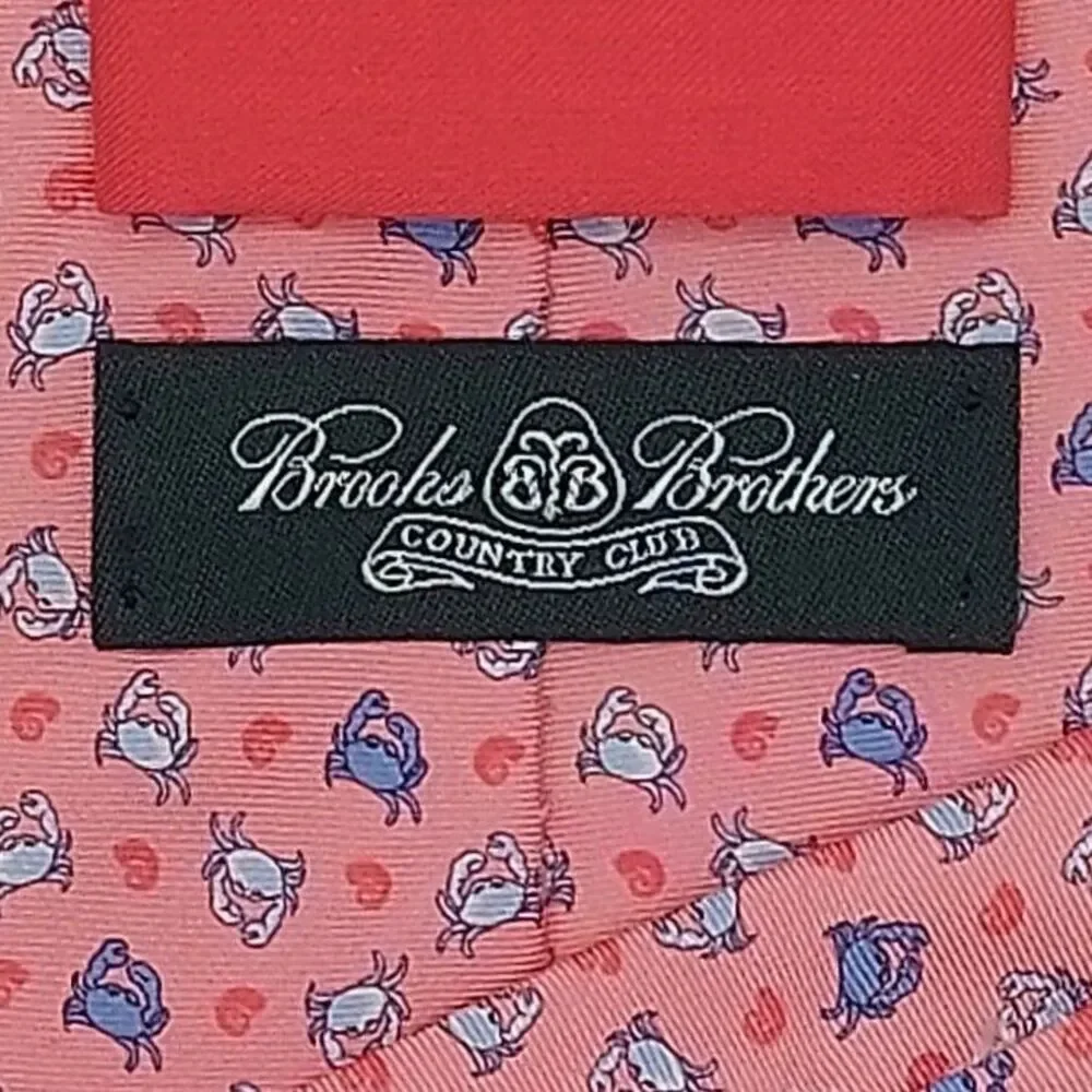 BROOKS BROTHERS Country Club Blue Crabs100% Silk Tie USA Made Pink Designer
